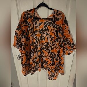 Women's Leaf Print Kimono Top - Orange and Black